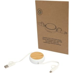 Cable retráctil 5 en 1 de plástico reciclado de 100 cm para sincronización de datos y carga rápida de 45 W con detalles de bambú "Chechia"