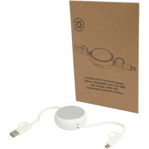 Cable retráctil 5 en 1 de 100 cm de plástico reciclado y aluminio para sincronización de datos y carga rápida de 45 W "Alasia"