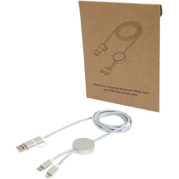Cable 5 en 1 de aluminio y plástico reciclado de 150 cm para sincronización de datos y carga rápida de 27 W  para personalizar con logo - Imagen 3