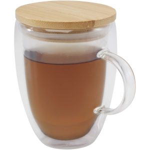 Taza de vidrio de 350 ml con tapa de bambú "Leona"