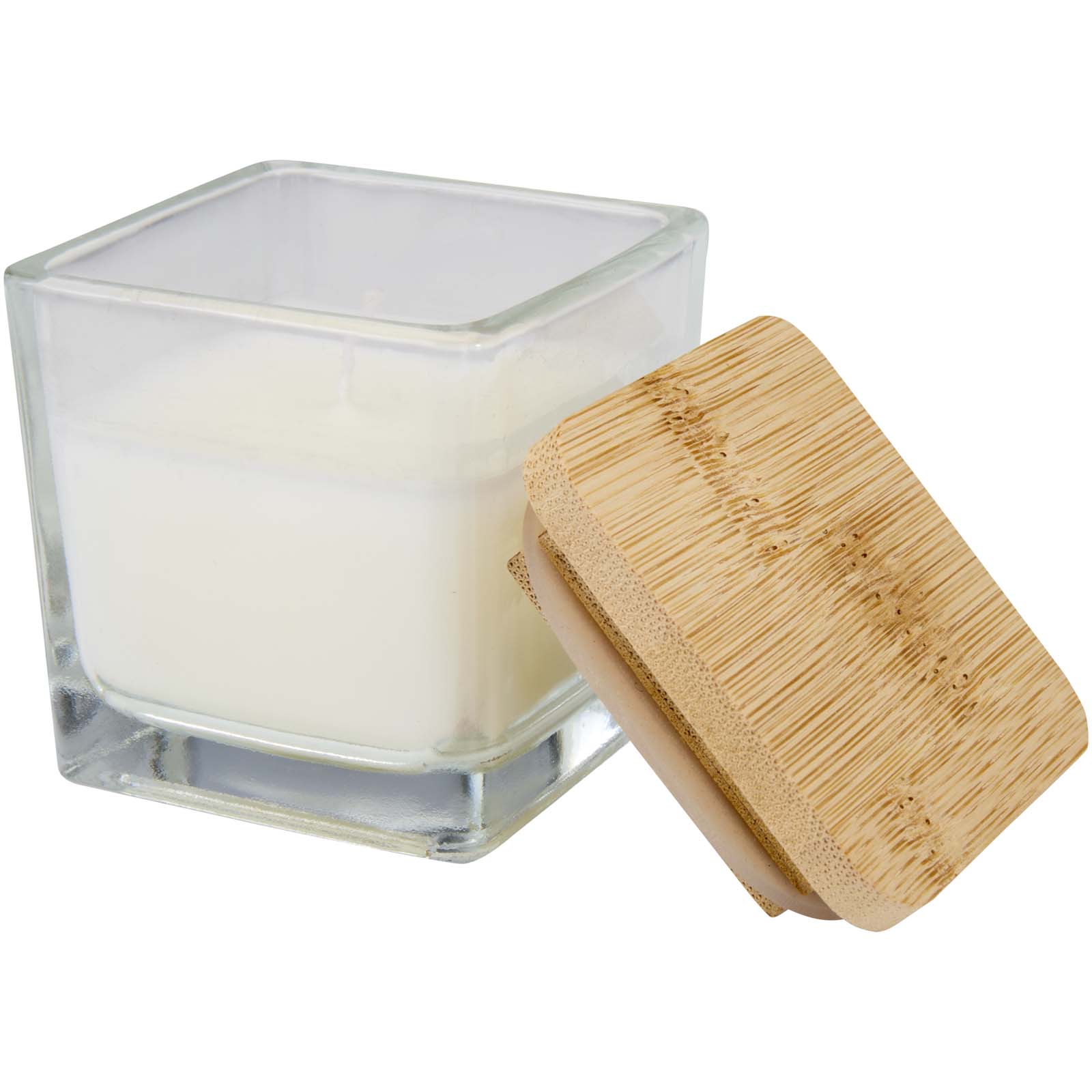 Vela cuadrada en soporte de vidrio con tapa de bambú "Ambra"