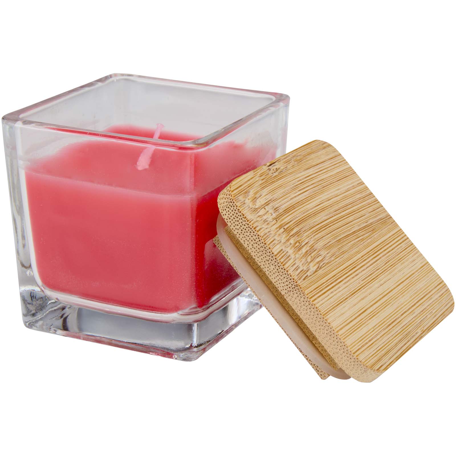 Vela cuadrada en soporte de vidrio con tapa de bambú "Ambra"