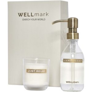 Dispensador de jabón de manos de 250 ml y juego de velas aromáticas de 150 g con fragancia de lino fresco "Wellmark Discovery