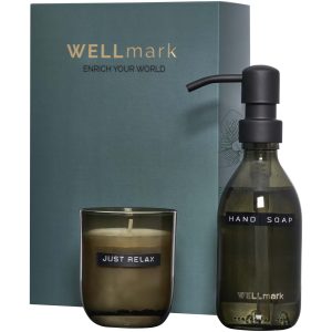 Dispensador de jabón de manos de 250 ml y juego de velas aromáticas de 150 g con fragancia de lino fresco "Wellmark Discovery