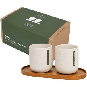 Juego de Originalhome compuesto por una bandeja ovalada de madera y una taza de cerámica de 150 ml